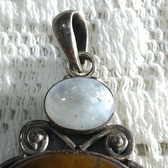 Vintage 925 Silver Real Tiger Eye & Moonstone Gemstone Oval Pendant Boho Hippie - Picture 8 of 16